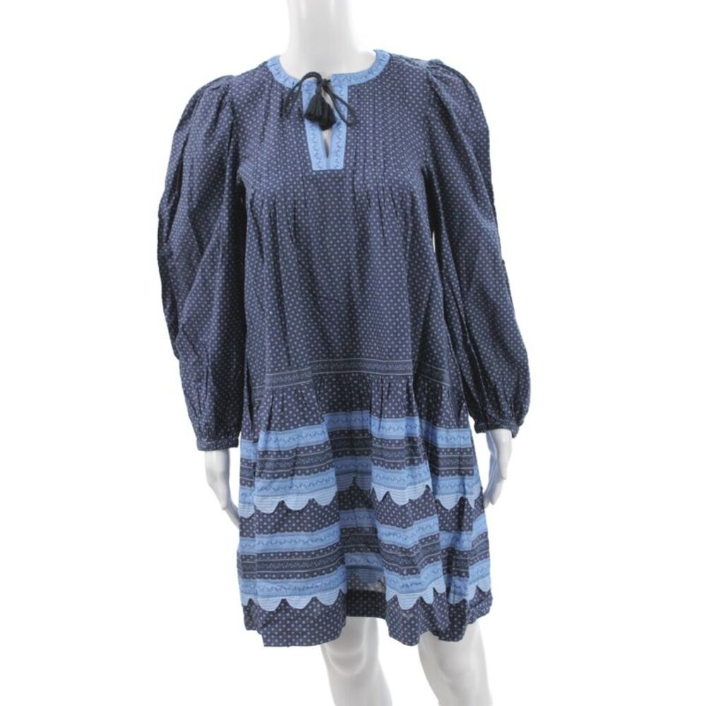 Sea Womens Blue Floral Cotton Shift Midi Dress Long Sleeve Round Neck Size XS